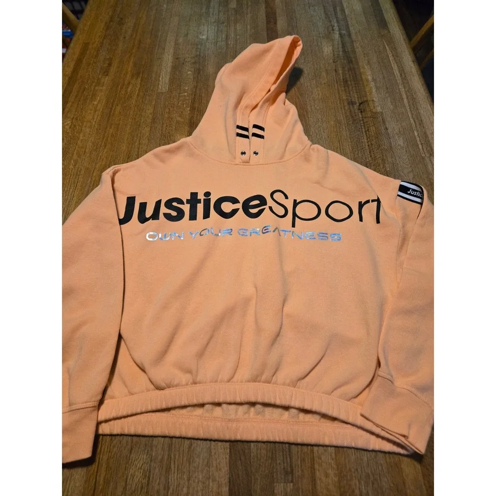 Justice Sport Girls XL 16/18 Neon Peach Black Own Your Greatness Cropped Hoodie
